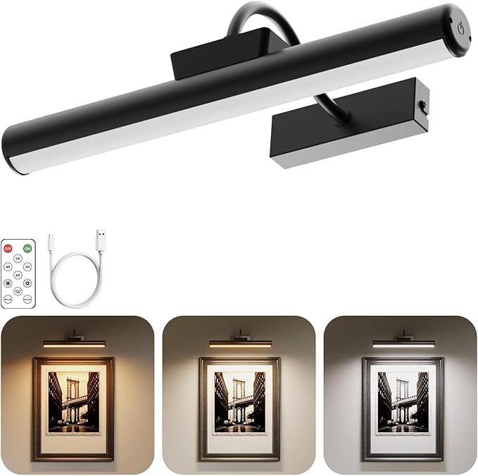 Picture Light, Wireless Picture Light with Remote, Battery Operated 5000mAh, 3 Color Modes and Dimmable LED Lights with Timer for Paintings, Gallery, Wall, Dartboard, Bedroom (Black-1Pack)