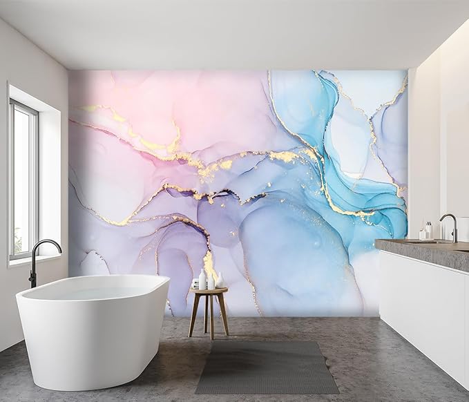 -Coloured Marbled Fabric Wallpaper Abstraction Golden Art Living Room Bedroom Bathroom Wall Mural- 137"x96"（ not Peel and Stick）