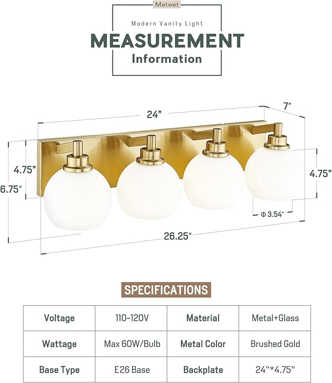 Bathroom Light Fixtures, 4 Light Brushed Gold Vanity Light, 26 Inch Modern Wall Sconces with Globe Milk White Glass Shade, Vanity Lighting Fixtures Over Mirror, VL195-BG-ML-4