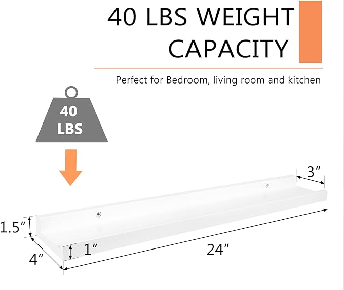 24 Inch White Floating Shelves Wall Mounted, Solid Oak Wood Shelf for Decor and Storage, Picture Ledge for Bedroom Bathroom Living Room Kitchen, 24 * 4 * 1.5, 1 Pack