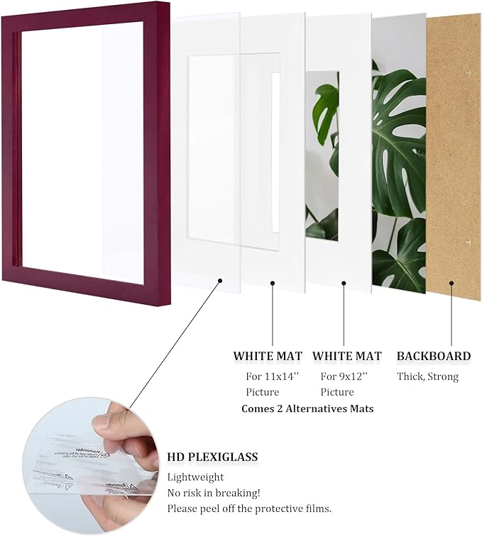 Egofine 12x16 Picture Frames with Plexiglass, Display Pictures 9x12/11x14 with Mat or 12x16 Without Mat Set of 4 for Wall Mounting,Cherry Red