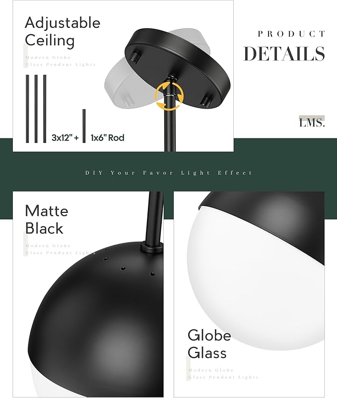 LMS 8-inch Black Pendant Lights Kitchen Island, Modern Globe Pendant Light with Frosted Glass, Contemporary Mid Century Hanging Light Fixture for Kitchen Island Sink Bedroom Bathroom, LMS-186