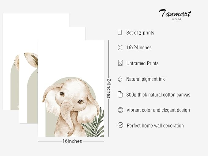 Animal Wall Art Pictures Baby Nursery Canvas Wall Art Decor Safari Animal Prints Jungle Kids Wall Art Woodland Nursery Wall Decor Giraffe Jungle Poster for Room 16x24 Inch Unframed Set of 3