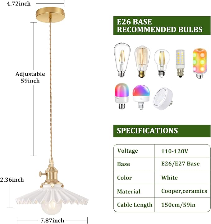 Pendant Light 2 Pack with White Pleated Ceramic Lmapshade, Brass Vintage Pendant Light Adjustable Hanging Light for Kitchen Island Dining Room Hallway
