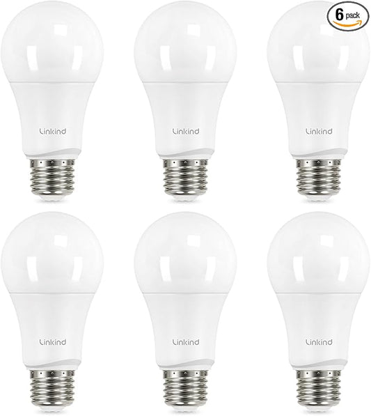 Linkind A19 LED Light Bulbs Dimmable, 100W Equivalent, E26 Base, 5000K Daylight, 15.5W 1600 Lumens CRI80+, 120V, UL Listed FCC Certified, LED Lights for Bedroom Living Room Home Office, 6 Packs