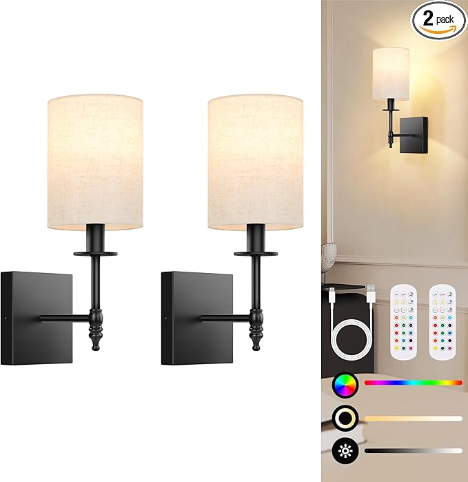 14.5 inch Battery Operated Wall Sconces Set of 2 with Remote, Rechargeable Wireless Wall Lights with Beige Fabric Shade, Indoor Not Hardwired Dimmable for Bedroom Living Room Decor