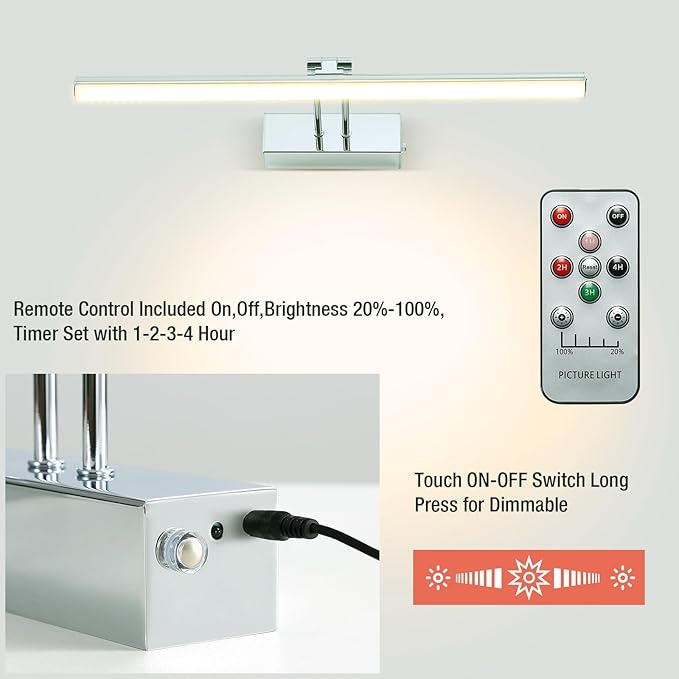 Battery Picture Light, 16 inch Wireless Picture Light for Painting with Remote,Full Metal Rechargeable Art Light,Wall Sconce Display Lighting for Portrait, Photo Frame,Gallery, (Chrome)