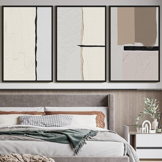 KUVIOKE Neutral Abstract Framed Wall Art Beige Mid Century Textured Wall Decor Minimalist Modern Illustrations Art Print Home Decor 24x36in (Black Framed)