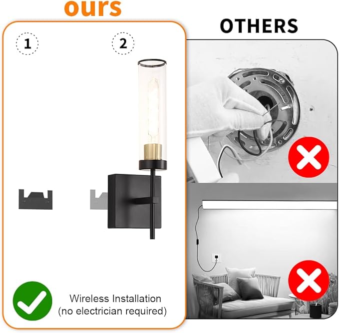 Battery Operated Wall Sconce, Black and Gold Battery Wall Sconce, Modern usb rechargeable Wall Light set of 2, Wireless Dimmable Wall Light Fixture with Remote Control, Wall Lamp with LED Bulbs(DC 5V)