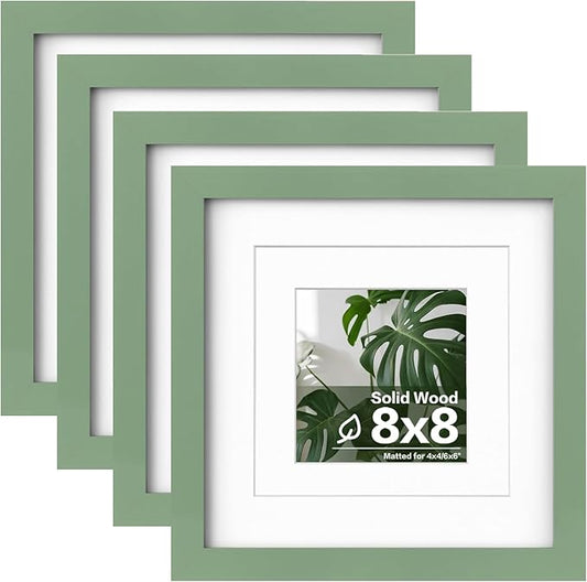 Egofine 8x8 Picture Frames 4PCS, Made of Solid Wood Covered by Plexiglass Display 4x4/6x6 with Mat or 8x8 without Mat, for Table Top Display and Wall Mounting Photo Frame, Green
