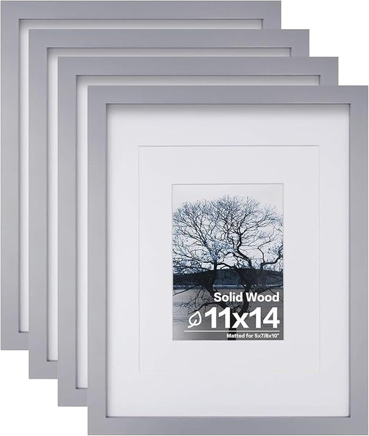 Egofine 11x14 Picture Frames, 4 Pack Display Pictures 5x7/8x10 with Mat or 11x14 Without Mat Made of Solid Wood Covered by Plexiglass for Table Top Display and Wall Mounting Photo Frame, Light Gray