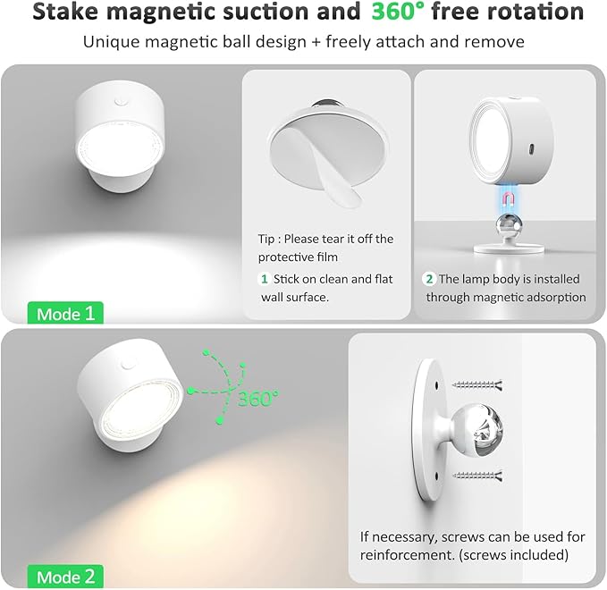 LED Wall Lights, Wall Lamp 3 Color Temperatures & Dimmable Magnetic 360° Rotation with Remote, Wall Sconces 3 Pcs with 3000mAh Rechargeable Battery, Cordless Wall Light for Reading Bedside Hallway