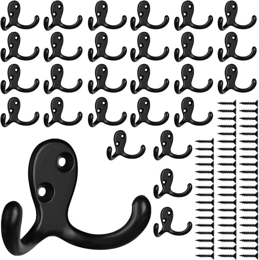 IBosins 28 Pack Heavy Duty Double Prong Coat Hooks Wall Mounted with 56 Screws Retro Double Hooks Utility Hooks for Coat, Scarf, Bag, Towel, Key, Cap, Cup, Hat