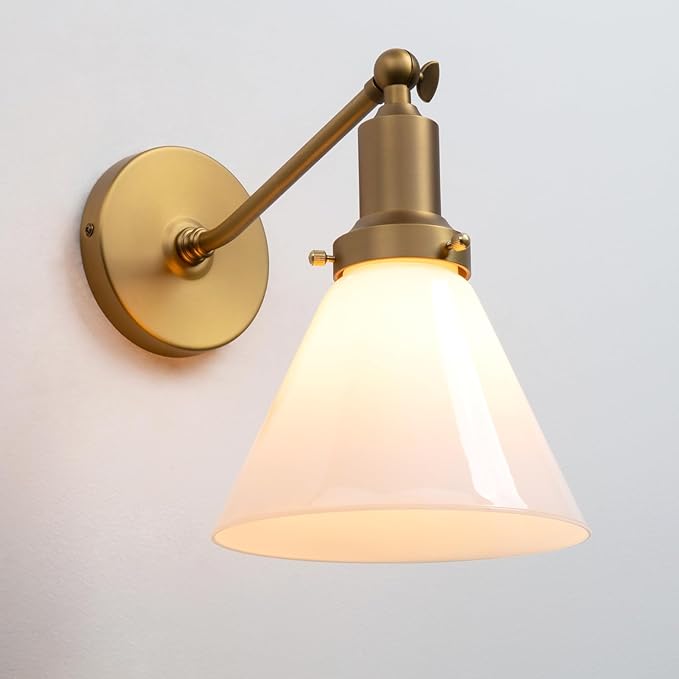 PERMO Industrial Vintage Slope Pole Wall Mount Single Sconce with Funnel Flared Milk White Glass Shade Wall Sconce Light Lamp Fixture