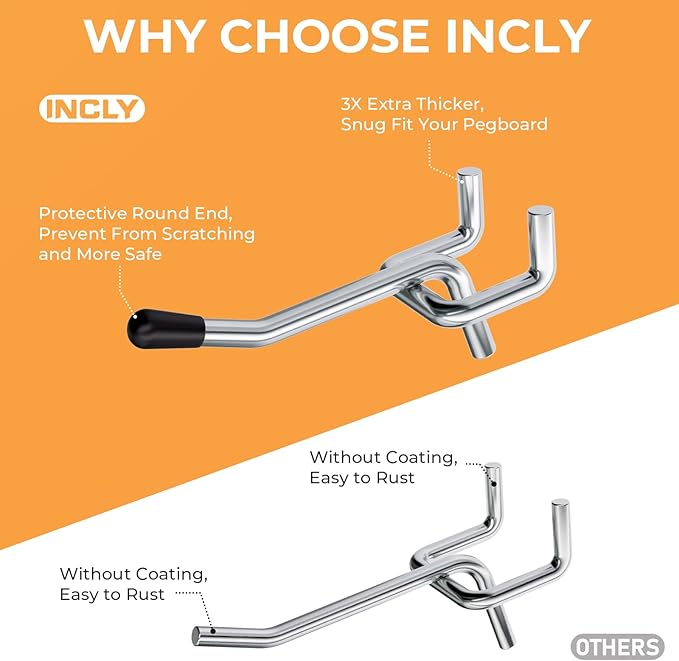 INCLY 50 Pack 2 Inch Pegboard Hooks, 1/4" Heavy Duty Peg Board Hooks Accessories with Rubber Tipped, Peg Board Tool Hangers Fit 1/4" Pegboard for Hanging Tools Garage, Craft Room, Kitchen, Store