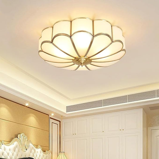 MIXL- Mid Century Brass Flush Mount Ceiling Light,LED Antique Brass Light Fixture, Modern Frosted Glass Ceiling Lamps for Living Room, Close to Ceiling Light Decorative for Bedroom(13.77" W)