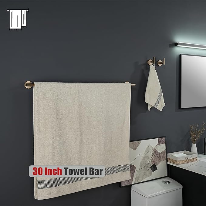 JQK Champagne Bronze Bath Towel Bar, 33 Inch 304 Stainless Steel Thicken 0.8mm Towel Rack Bathroom, Towel Holder Wall Mount, Useable Length 30 Inch, TB110L30-CB