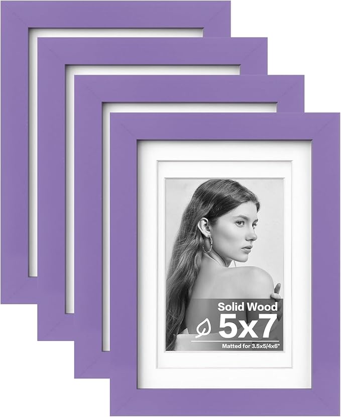 Egofine 5x7 Picture Frame 4PCS Made of Solid Wood, Display Pictures 3.5x5/4x6 with Mat or 5x7 Without Mat Covered by Plexiglass for Table Top Display and Wall Mounting Photo Frame, Purple