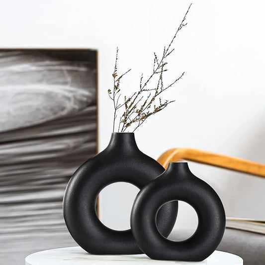 Ceramic Vases Set of 2, Modern Black Round Vase Rustic Home Decor, Donut Ceramic Design Apply to Living Room Kitchen Mantle Bedroom Dining Table Office Black Decor