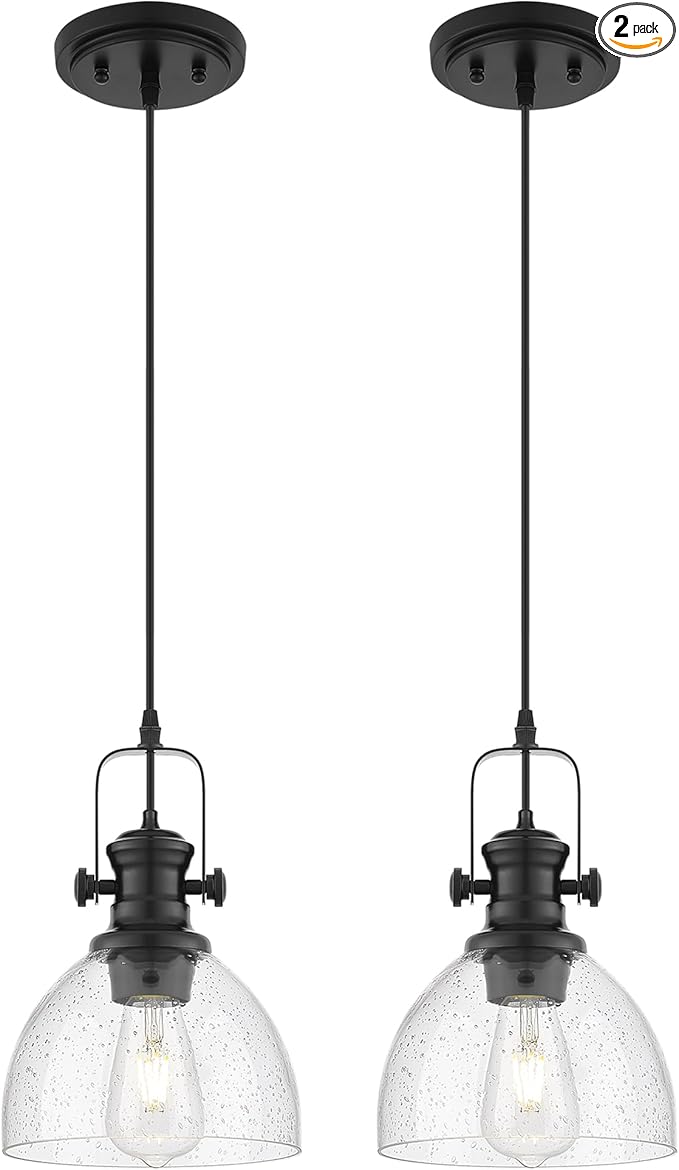 2 Pack Pendant Lights Kitchen Island, 7.5" Black Pendant Lighting with Clear Seeded Glass Shade, Farmhouse Hanging Light Fixtures for Dining Room, AD-22151-1P2-BK
