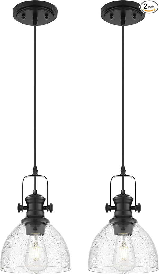 2 Pack Pendant Lights Kitchen Island, 7.5" Black Pendant Lighting with Clear Seeded Glass Shade, Farmhouse Hanging Light Fixtures for Dining Room, AD-22151-1P2-BK