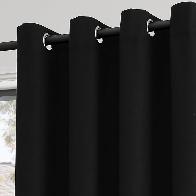 100% Blackout Linen Curtains for Bedroom Thermal Insulated Grommet Complete Blackout Drapes 102 Inch Length 2 Panels Set Heat and Full Light Blocking Living Room Darkening Curtains Black