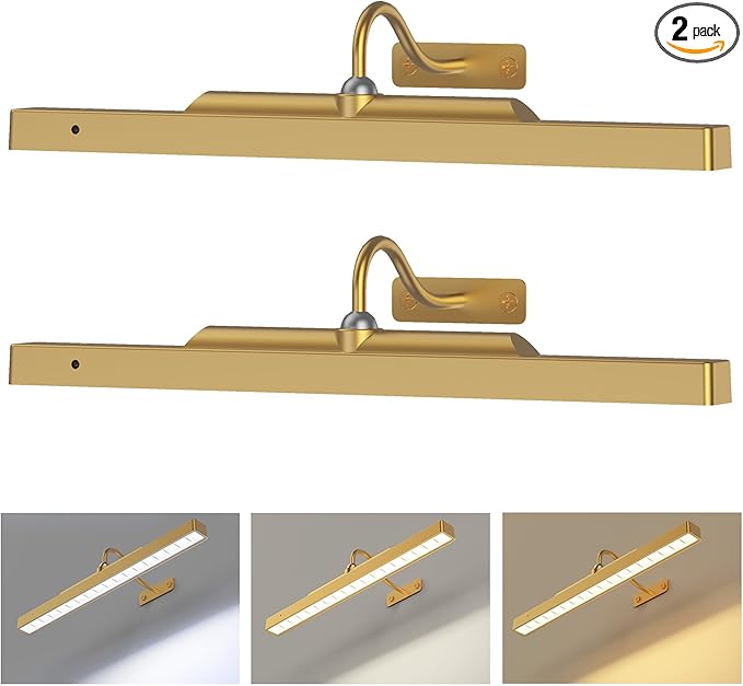 Brass Picture Light Wireless, Battery Powered Art Light for Pictures– 5000mAh, 350LM, Dimmable, Remote Control, 16in Wall Gallery Light for Display, Wall, Artwork,Photos (2 Pack)