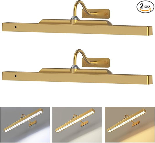 Brass Picture Light Wireless, Battery Powered Art Light for Pictures– 5000mAh, 350LM, Dimmable, Remote Control, 16in Wall Gallery Light for Display, Wall, Artwork,Photos (2 Pack)