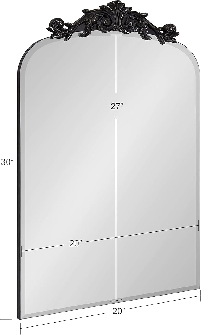 Kate and Laurel Arendahl Ornate Beveled Frameless Arched Mirror; 20 x 30; Black; Decorative Baroque Style Wall Mirror with Ornamental Crown Top
