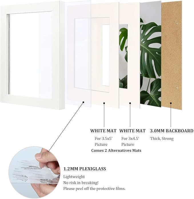 Egofine 4x6 Picture Frames 4PCS Covered by Plexiglass for Picture 3x4.5/3.5x5 with Mat or 4x6 whitout Mat Made of Solid Wood for Table Top Display and Wall Mounting Photo Frame, White with Texture