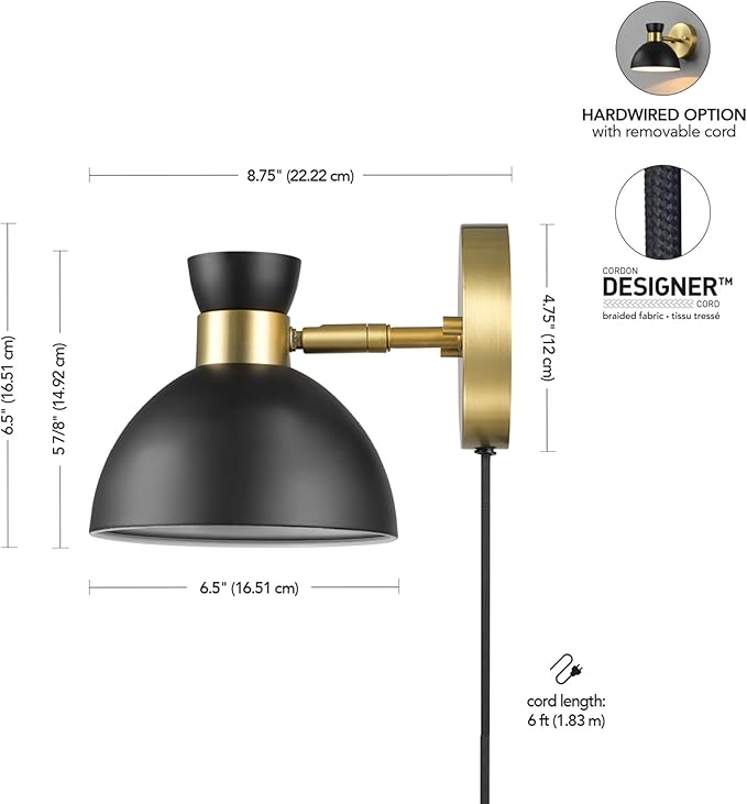 GLOBE Electric 65000100 1-Light Plug-in or Hardwire Wall Sconce, Matte Brass, Black Pivoting Metal Shade, 6ft Black Cord, in-Line Rocker Switch, Wall Lights for Living Room, Hanging Lamp
