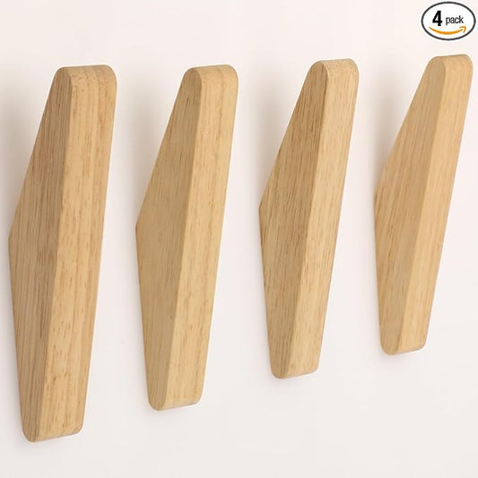 4 Pack Wood Wall Hooks Natural Wooden Coat Hooks Hat Hooks No Damage for Hanging Towels Clothes Adhesive Modern Home Decorative Gift (Triangles Beech)