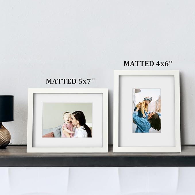 Egofine 8x10 Picture Frames 4PCS, Made of Solid Wood Display 4x6 and 5x7 with Mat Covered by Plexiglass, for Table Top Display and Wall Mounting Photo frame, White with Texture