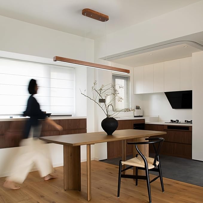 39 Inch Wood Linear Pendant Light Dimmable LED Kitchen Island Lighting with Remote Adjustable Hanging Chandelier for Dining Room Bar Pool Table 24W Modern Farmhouse Fixture Walnut Color