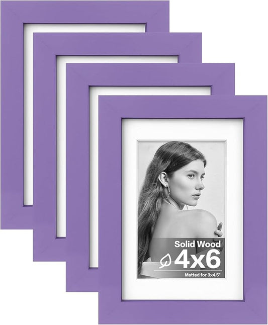 Egofine 4x6 Picture Frames 4PCS Covered by Plexiglass for Picture 3.5x5 with Mat or 4x6 whitout Mat Made of Solid Wood for Table Top Display and Wall Mounting Photo Frame, Purple