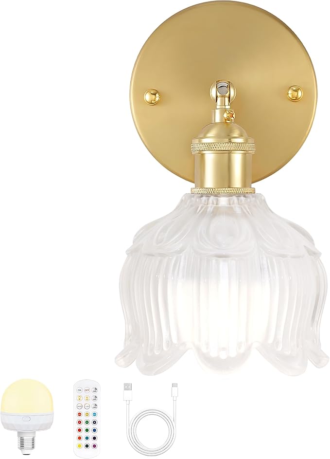 Vintage Battery Operated Wall Sconce with Flower lampshade,Rechargeable Battery Powered Wall Lights,Wall lamp With 15 Colors for Bedroom Living Room Home Decor (Flower White, 1 Light Battery Operated)