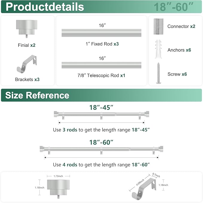 HEI! DEAR Silver Curtain Rods 18 to 60 Inch(1.5-5ft),1 Inch Heavy Duty Curtain Rods,Adjustable Curtain Rod Set,Modern Decorative Drapery Rods,Telescoping Window Curtains Rods 18-60",Antique Silver