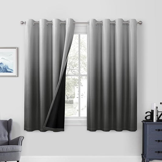 HOMEIDEAS Grey 100% Ombre Blackout Curtains for Bedroom, 52 X 63 Inches Long Room Darkening Gradient Light Blocking Thermal Insulated Grommet Drapes for Living Room, 2 Panels