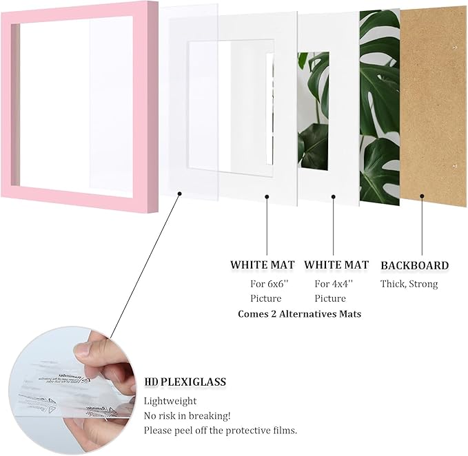 Egofine 8x8 Picture Frames with Plexiglass, Display Pictures 4x4/6x6 with Mat or 8x8 Without Mat Set of 4 for Tabletop and Wall Mounting, Pink