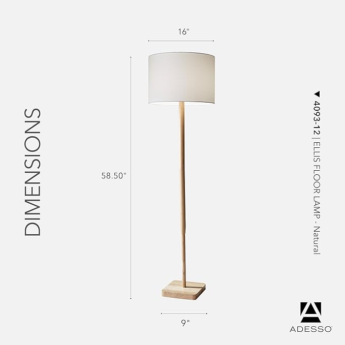 Adesso Floor Lamp with Natural Rubberwood Base and White Linen Lampshade – 3-Way Adjustable Brightness, Lamp for Bedroom, Living Room, and House Décor, 58.5” x 16”