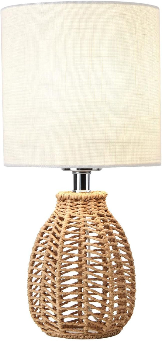 KUNJOULAM Rattan Table Lamp, Small Nightstand Lamp with Linen Fabric Lampshade, Desk Lamp Bedside Lamp for Living Room Home Office, Without Buld