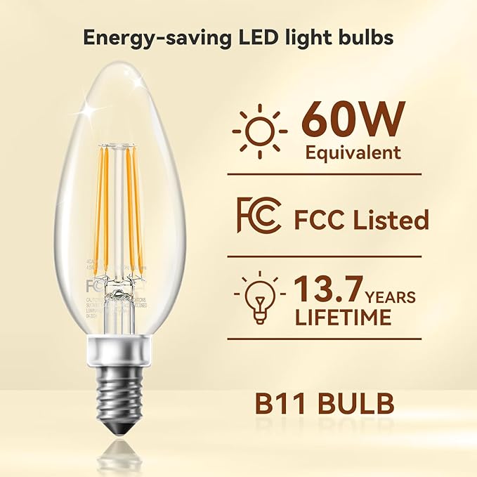 TJOY LED Candelabra Bulbs Dimmable, 60W Equivalent Chandelier Light Bulb, E12 Small Base, 4.5W 2200K Amber Warm White, B11 Vintage Filament Clear Glass Candle Light for Ceiling Fan Chandeliers, 12Pack