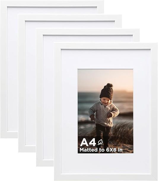 KINLINK A4 Frame Set of 4, Wooden 8.3 x 11.7 Frame with Plexiglass for A5 Picture with Mat or A4 Without Mat, for Wall and Tabletop Display Diploma Certificate Degree, a4 Picture Frames White