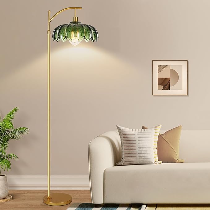Gold Floor Lamps for Living Room,Glass Floor Lamp with Remote Control & Green Lampshade,Arc Flower Floor Lamp Dimmable Mid Century Modern Standing Lamp Vintage Brass Tall Lamp For Bedroom Corner