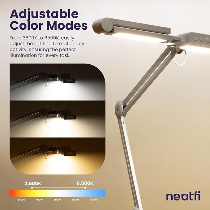 (New Model) Neatfi 3,000 Lumens LED Desk Lamp, Dimmable Light with 360 SMD LEDs, 30W, CRI 95, Adjustable Color Temperature, Task Lamp for Home, Office, and Workbench (CCT with Clamp, White, 44 Inches)