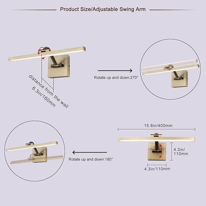 LED Modern Dimmable Picture Lights for Wall 15.75 Inch Hard-Wired Picture Frame Lights for Paintings Gallery Light with Adjustable Swing Arm Display Lights for Artwork, 7W, Warm White Antique Bronze