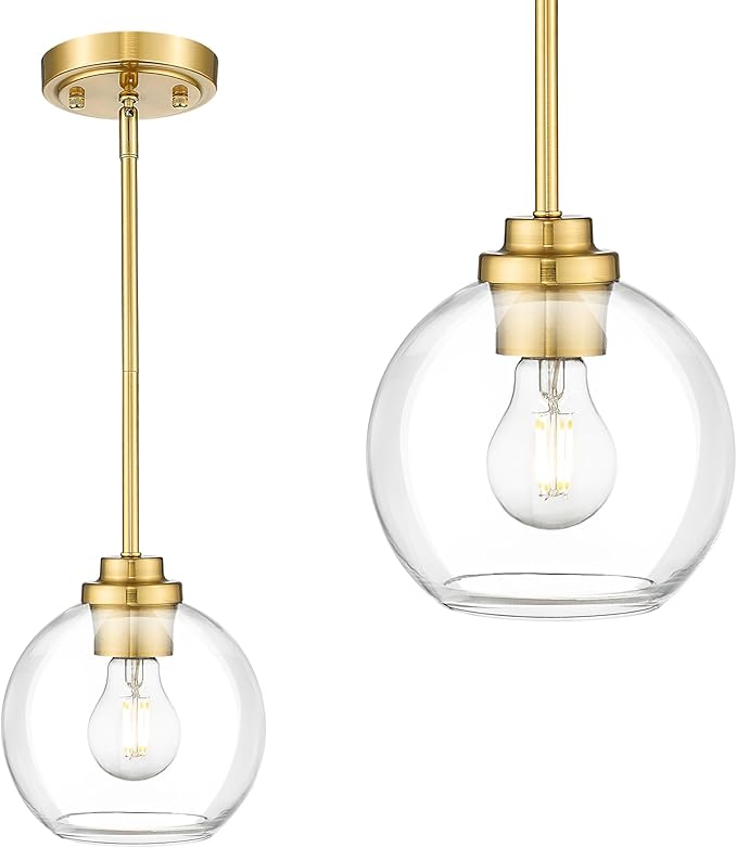 Modern Polished Gold Pendant Light, 7Inch Mid Cenrury Globe Hanging Light Fixture with Clear Glass for Kitchen Island Dining Room Bedroom Hallway Foyer (1 Pack), PL101BG