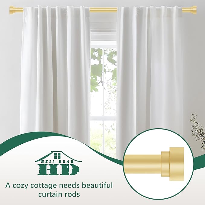 HEI! DEAR Gold Curtain Rods 48 to 84 Inch(4-7FT),1 Inch Heavy Duty Curtain Rods,Adjustable Curtain Rod Set,Modern Decorative Drapery Rods,Telescoping Single Window Curtains Rods 36-88",Brass Gold