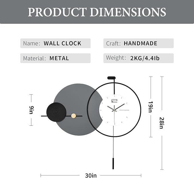 Large Modern Wall Clock for Living Room,Decorative Silent Battery Operated Wall Clock with Pendulum Metal Wall Art for Kitchen/Bedroom/Entryway/Office Decor