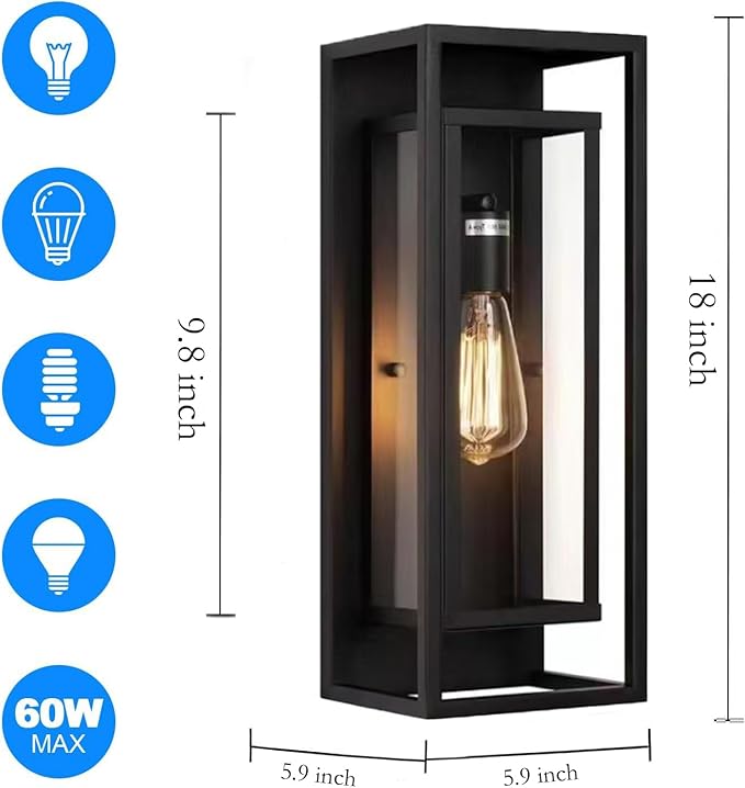 1 Pack 18 inches Outdoor Wall Lantern Light Fixture, Large Black Exterior Waterproof Wall Sconce, Anti-Rust Mount Porch Light with Clear Glass,E26 Socket